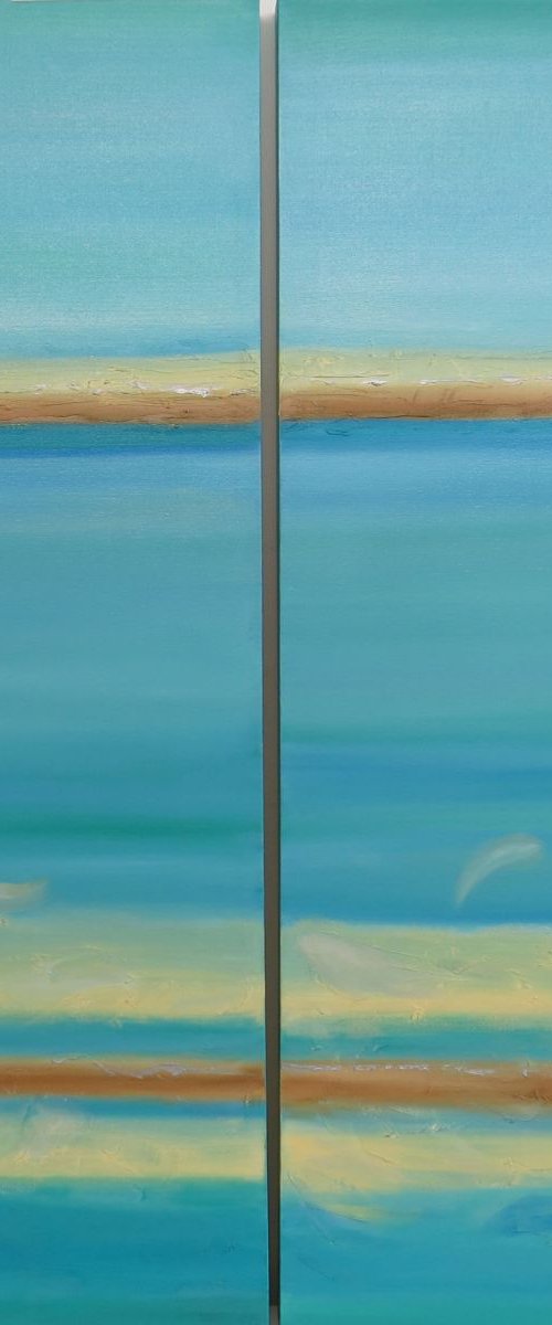 Turquoise and beige Abstract (Diptych) by Maureen Greenwood
