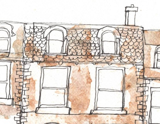 Terraced houses with brown wash. Continuous Line Artwork