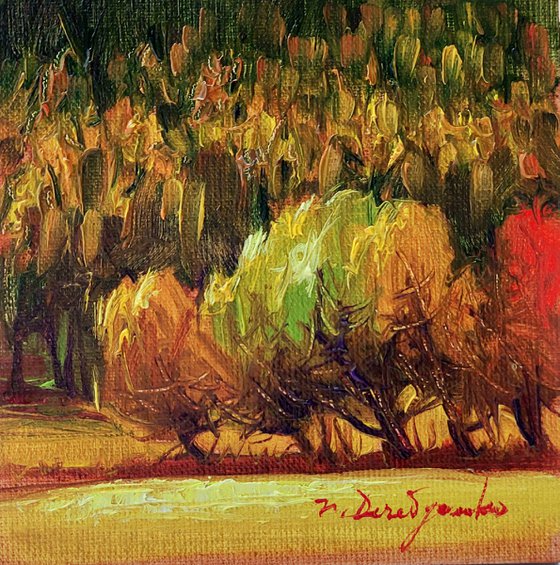 Trees oil painting original canvas board art 4x4, Small frame art landscape mini wall decor, Framed artwork long distance friend gift