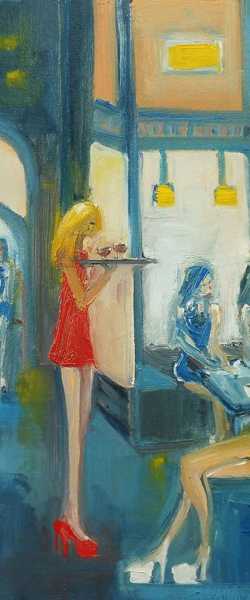 GIRLS CAFE RED WINE, RED DRESS. Original Oil Figurative Painting. by Tim Taylor