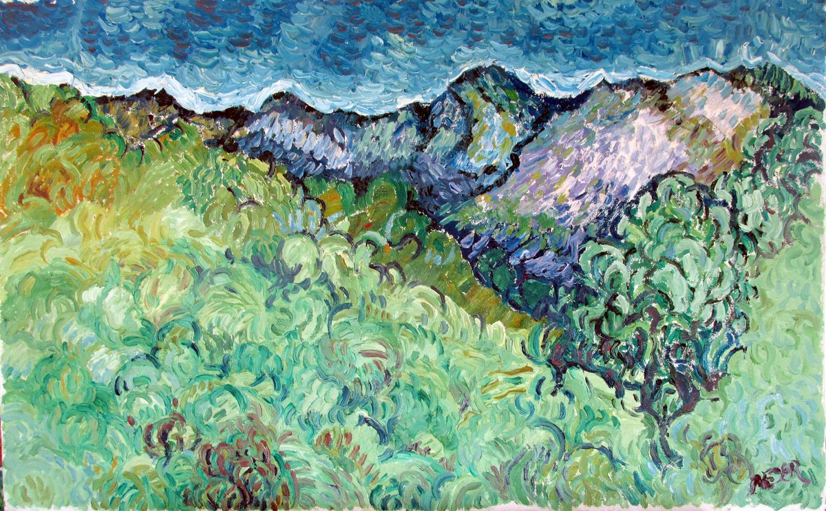 Expressive Landscape Oil Painting By Richard Meyer, 32 X 22", Highland Mountain Range, Original Artwork