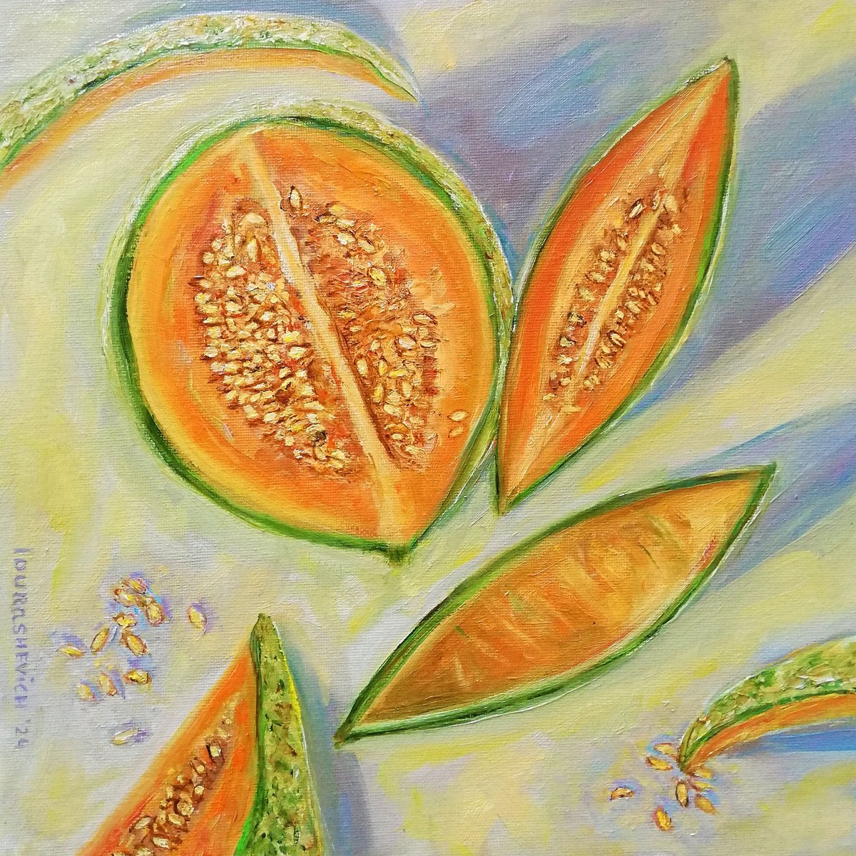 Impressionistic Still Life Oil Painting By Katia Ricci, 12 X 12", Tablescape With Melon Slices, Original Artwork