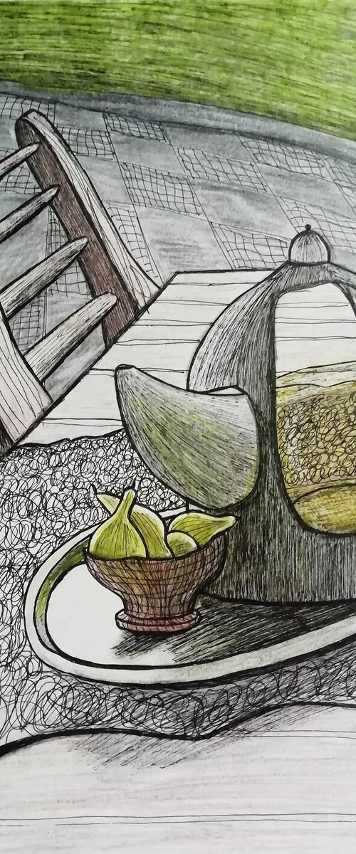 A weird teapot and small green pears. by Anna Reshetnikova