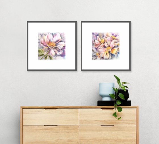 Peony flowers, watercolor painting set of 2