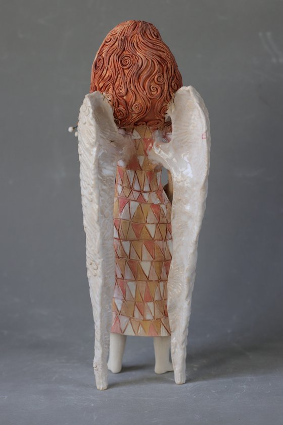 Angel with a Mandolin. Ceramic OOAK sculpture.