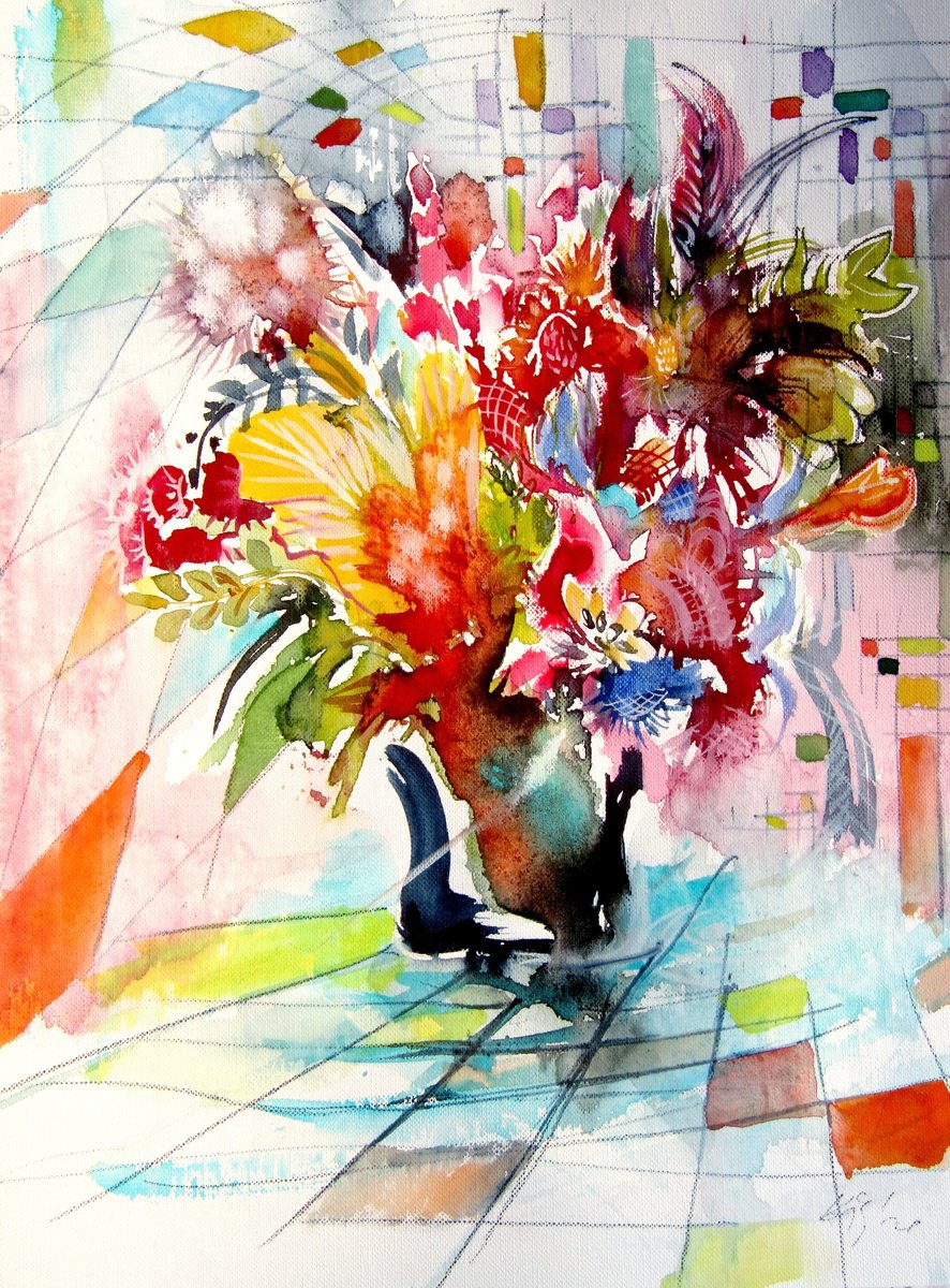 Expressive Still Life Watercolour By Kovacs Anna Brigitta, 10 X 13", Colorful Life With Flowers Vi, Original Artwork