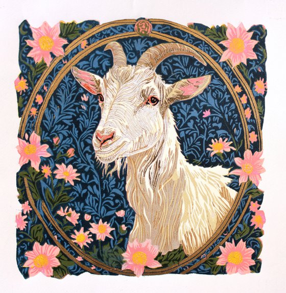 Goat – reduction linocut print