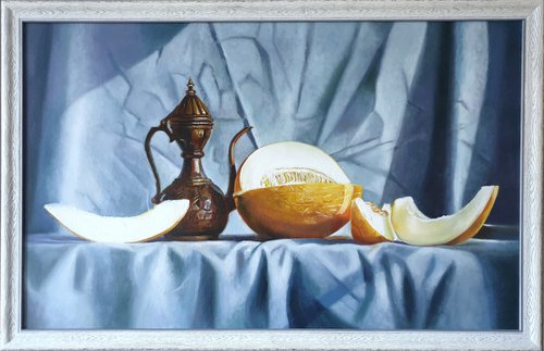 "Uncle Karim's sweet melons.  " still life liGHt original painting PALETTE KNIFE  GIFT (2021) by Anna Bessonova (Kotelnik)