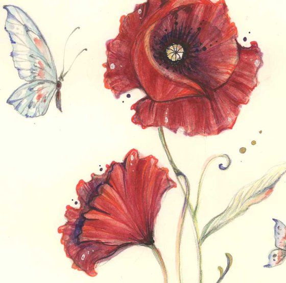 Red Poppies and Butterflies original watercolour painting flower art