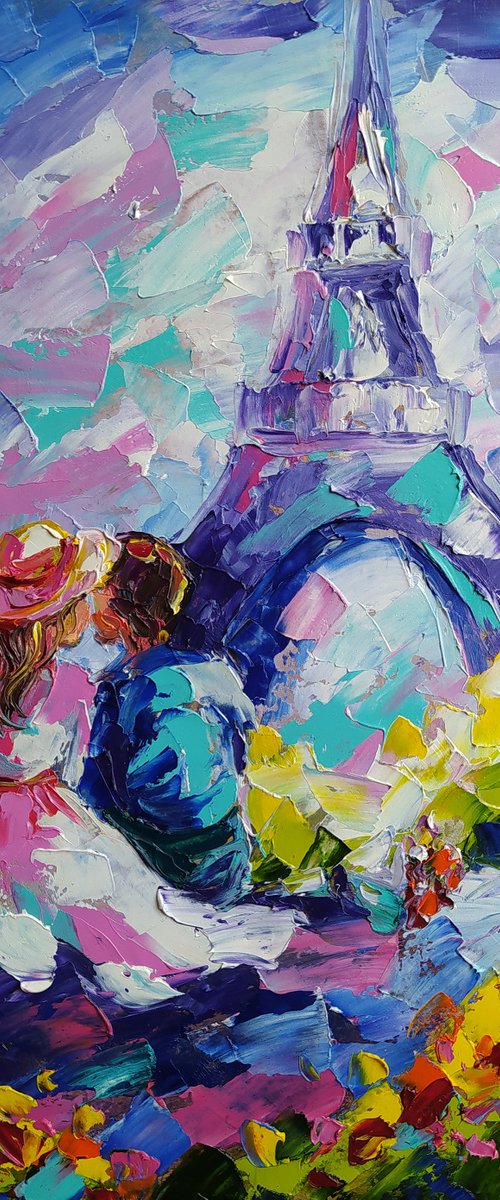 Love in Paris - Paris oil painting, love, France, lovers, Eiffel Tower, Eiffel Tower Paris, Eiffel Tower oil painting by Anastasia Kozorez