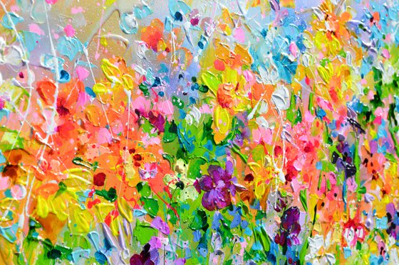 I've Dreamed 23 - Colorful Spring Floral Painting, Daffodils, Pansies, Snow Drops, Primroses - 150x60 cm, Palette Knife Modern Ready to Hang Floral Painting - Flowers Field Acrylics Painting