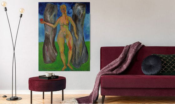 WORLD CREATION - large nude art, original oil painting, Eve, heart, heaven, love