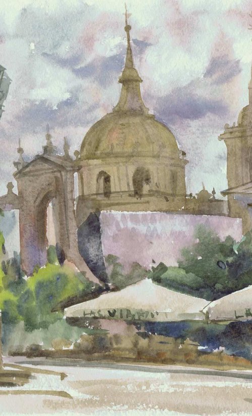 Square in old spanish town. Watercolour by Marina Trushnikova. Cityscape. Architectural scenery. Plain air artwork. by Marina Trushnikova