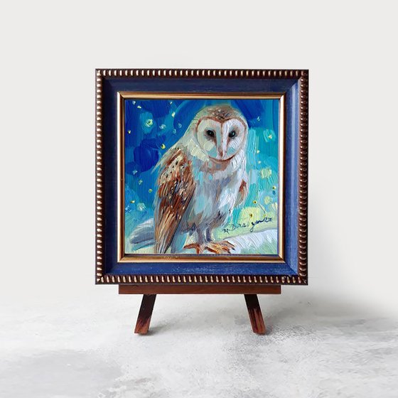 Owl bird painting original in frame 4x4 inch, Bird wall art bird celestial gift