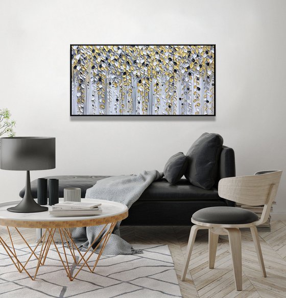 Golden Cascade - Original Abstract Falling Gold Leaves FlowerPainting, White Flower Painting, Size: 48 x 24 inches (120 x 60 cm)