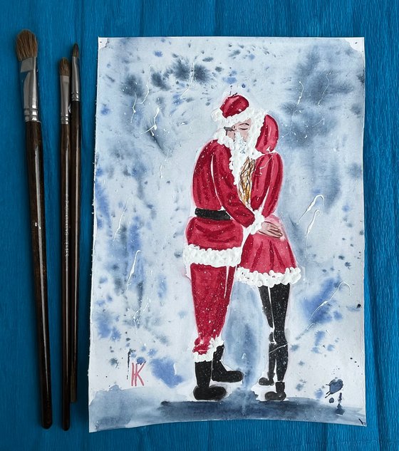 Santa Claus Painting Christmas Original Art Father Christmas Watercolor Love Story Artwork Girl Wall Art 8 by 12" by Halyna Kirichenko