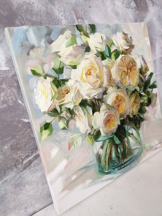 White roses art, Oil painting rose, Impressionist flowers art painting, Rose in glass still life, Anniversary gift for her, Bouquet rose art