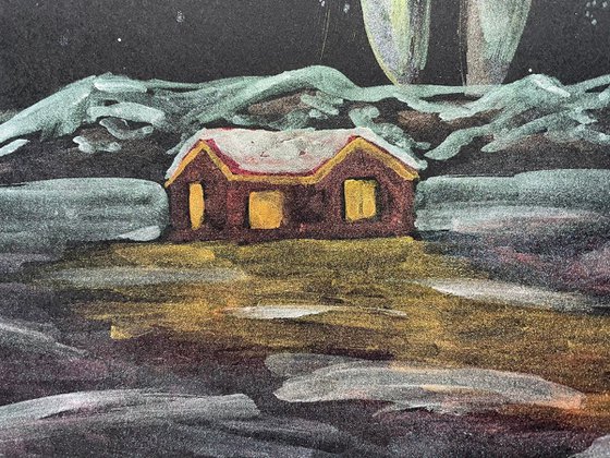 Christmas Watercolor Painting, Aurora Borealis Original Artwork, Metallic Painting, Night Wall Art