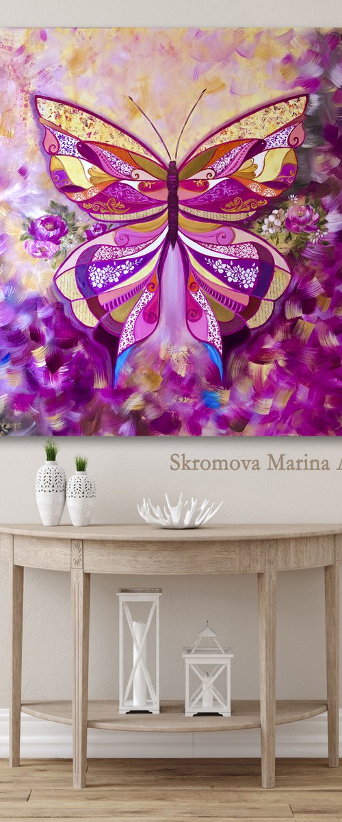 PINK URANIA - Big butterfly. Pink butterfly. Tropical butterfly. Abstract butterfly. Magic wings. Gold splashes. Steampunk style. Nature. Air. Flutters. by Marina Skromova