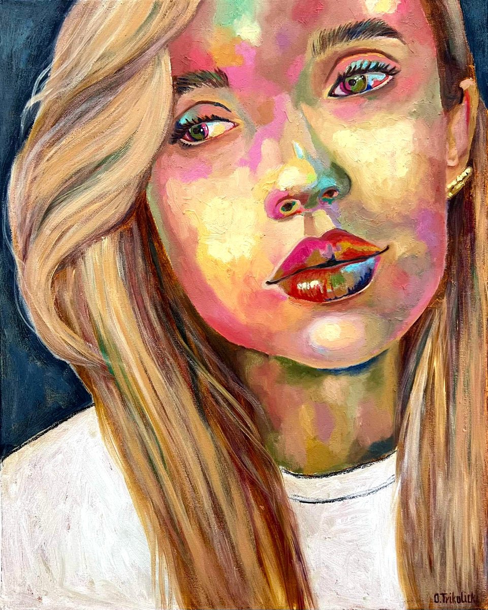 Abstract Portrait Oil Painting By Olha Trykolich, 16 X 20", Bright People #1, Original Artwork