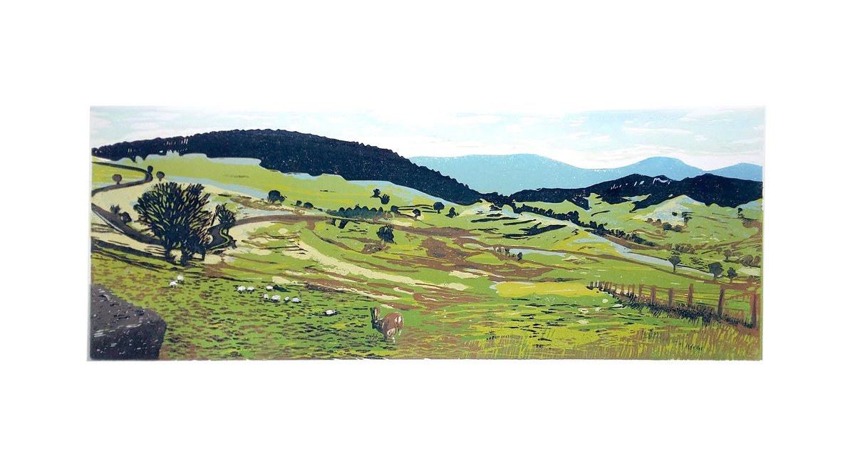 Expressive Landscape Linocut By Carolynne Coulson, 22 X 12, Up Hill And Down Dale, Original Artwork