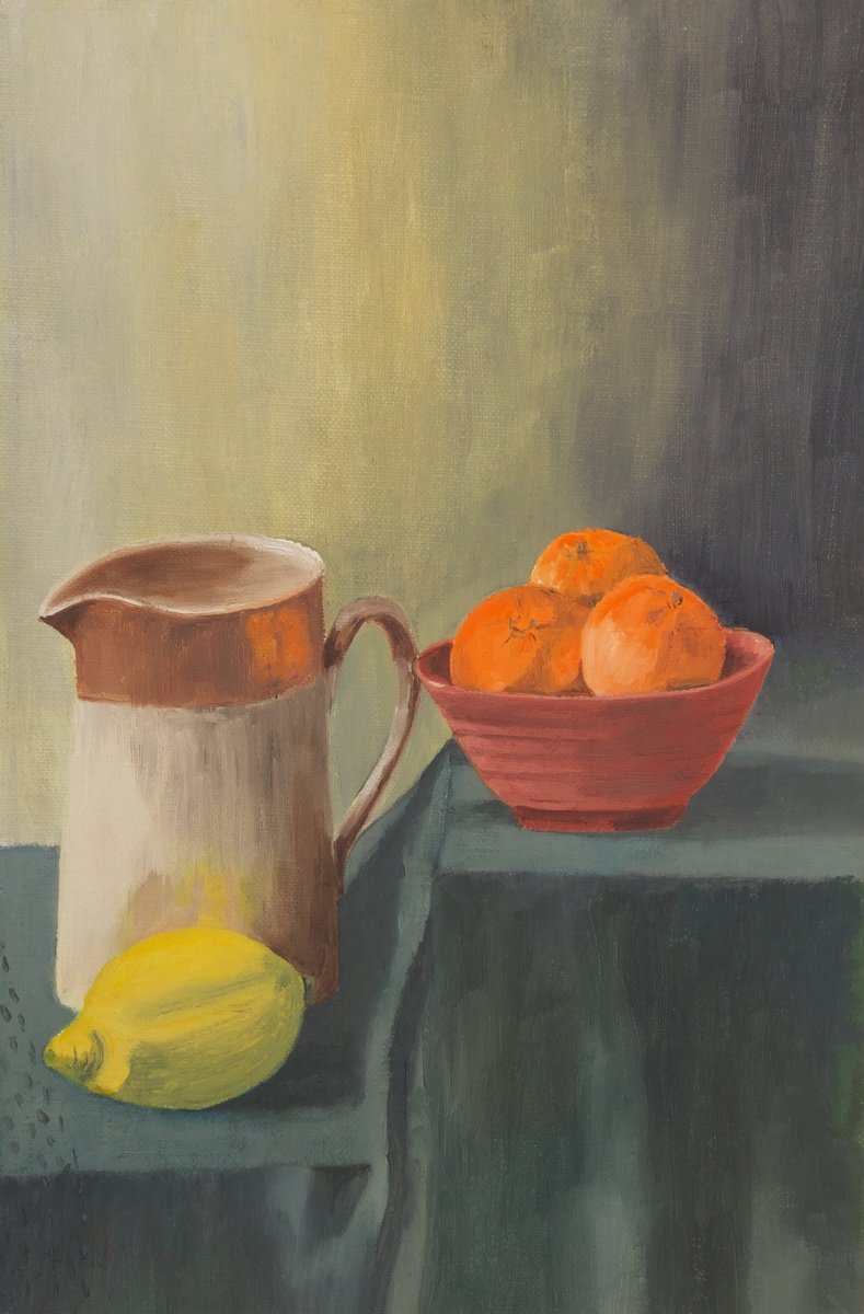Impressionistic Still Life Oil Painting By Maddalena Pacini, 8 X 12", Jug With Citrus Fruits, Original Artwork