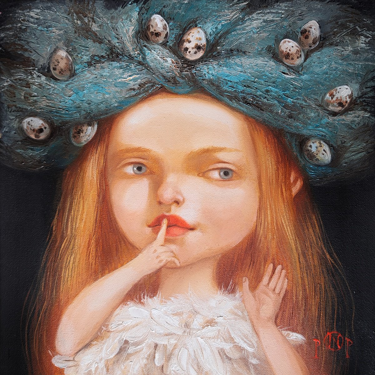 Surrealistic Portrait Oil Painting By Nataly Derevyanko, 8 X 8", Hatcher, Original Artwork