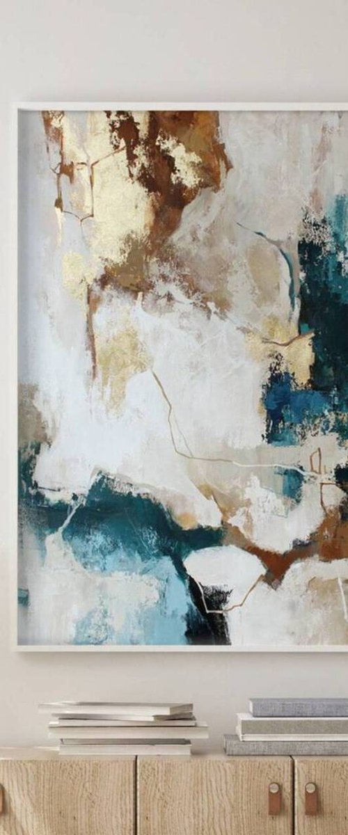 "Flux" Abstract blue and gold acrylic art by Yana Sagan