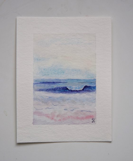 Seascape miniature watercolor painting, ocean wave small original art