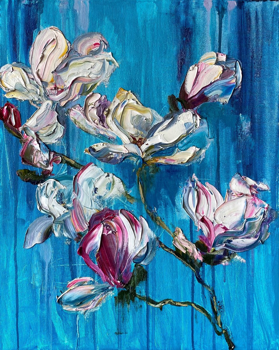 Magnolia On Turquoise By Mily Art, 16 X 20, Artwork For Sale On Artfinder