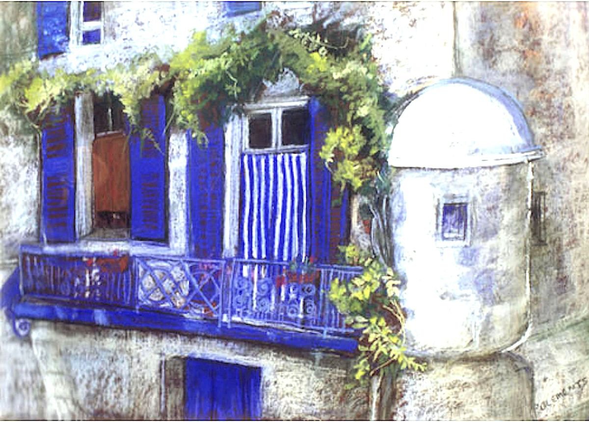 Impressionistic Cityscapes Pastel Drawing By Patricia Clements, 36 X 26", Blue Shutters In France, Original Artwork