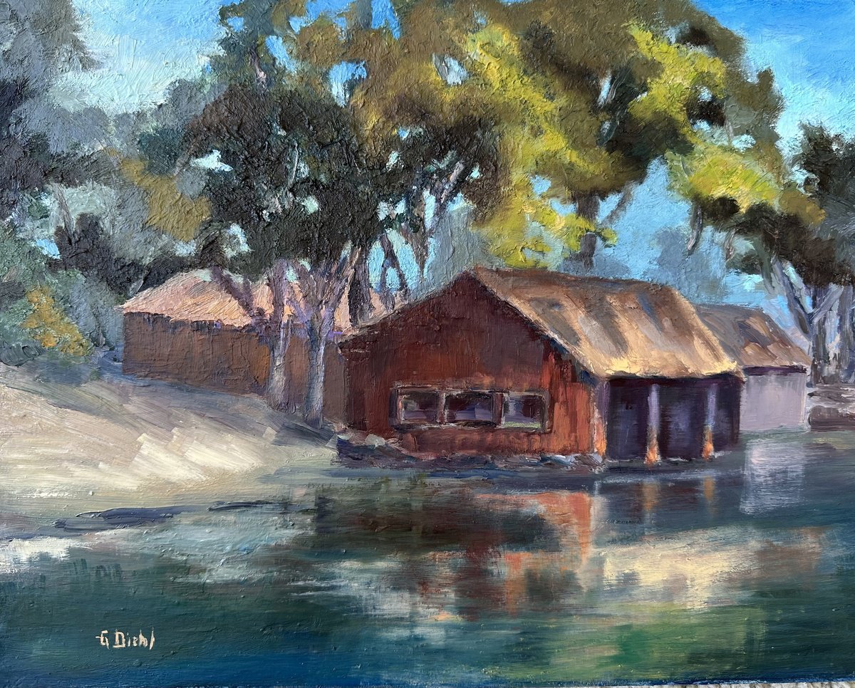 Impressionistic Landscape Oil Painting By Grace Diehl, 14 X 11, Boat House, Original Artwork
