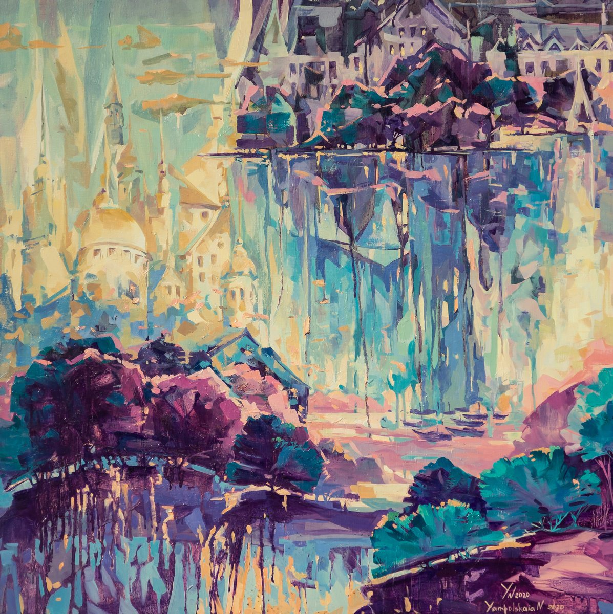 Abstract Cityscapes Oil Painting By Natalia Yampolskaia, 31 X 31", Castles Of Budapest Iii, Original Artwork