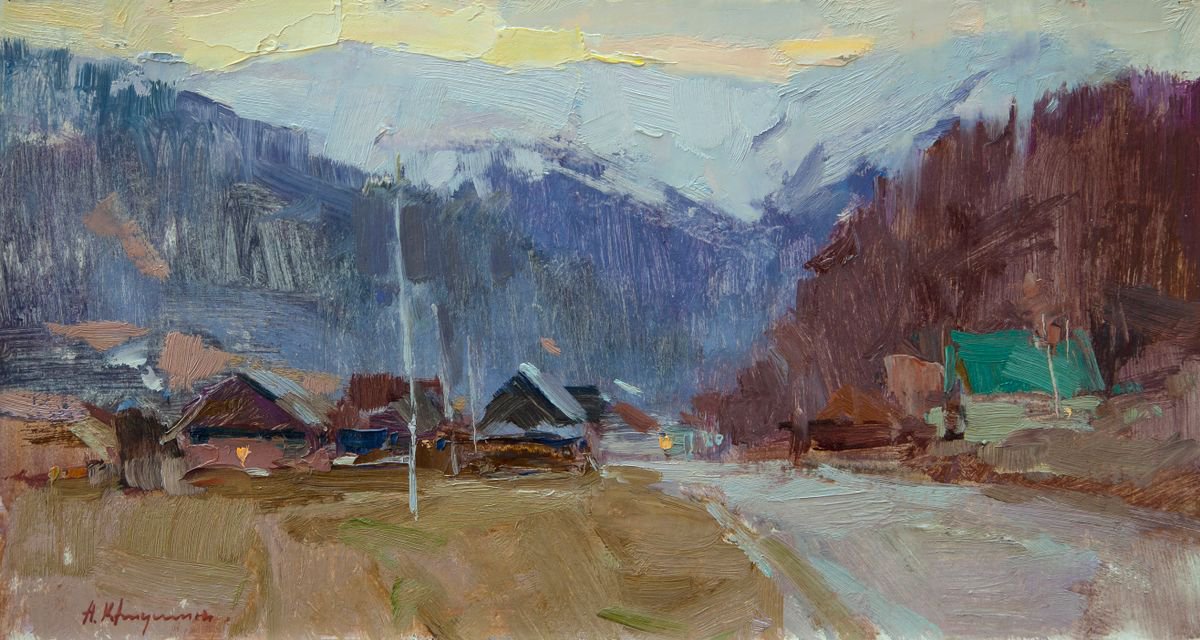 Impressionistic Landscape Oil Painting By Aleksandr Kryushyn, 18 X 10, Spring Evening. Carpathian, Original Artwork