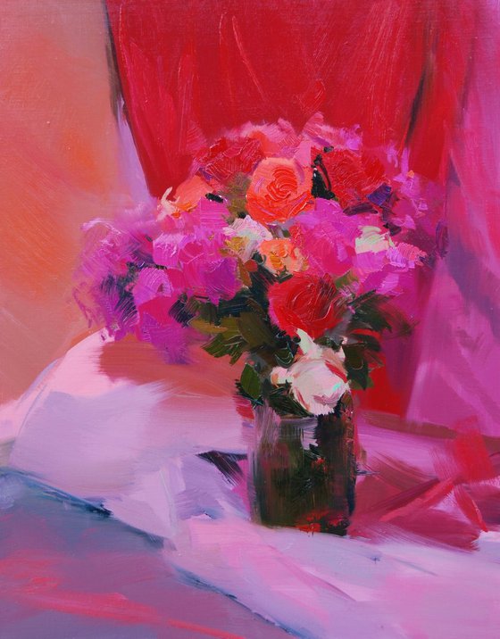 Original oil painting still life - Roses for Red