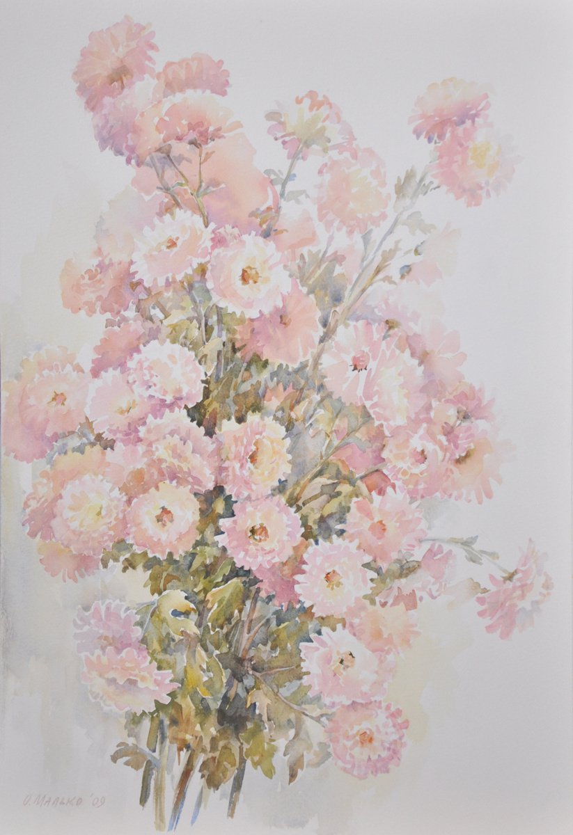 Pink small chrysanthemums / Watercolor flowers. Floral wall art by Olha Malko