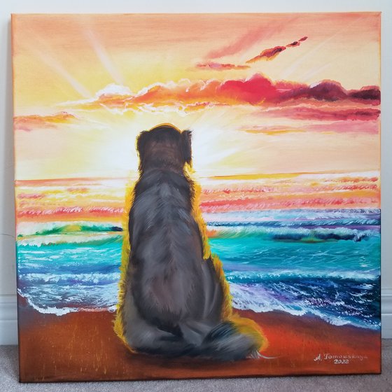 Golden Retriever on the Seashore in Backlight. Original Oil Painting on Canvas. Square Painting. Pet Lovers Gift. Dog Lovers Gift. Puppy Potrait.  Pet Potrait.