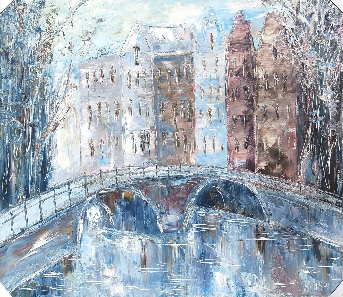 Bridge Over The Frosted Canal By Anush Emiryan, 31 X 28, Artwork For Sale On Artfinder