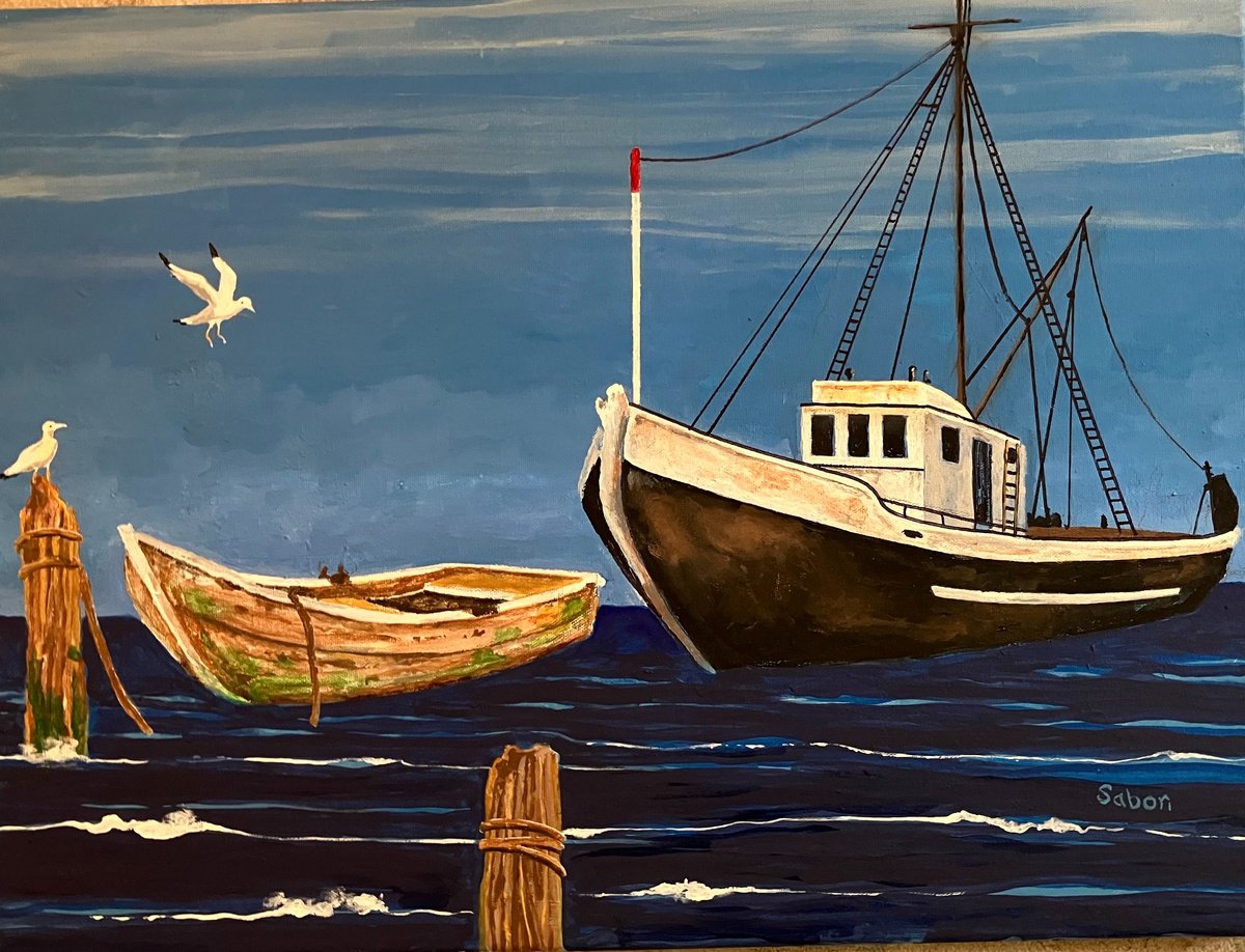 Landscape Acrylic Painting By Andrew Sabori, 24 X 18, Boats Tied Up, Original Artwork