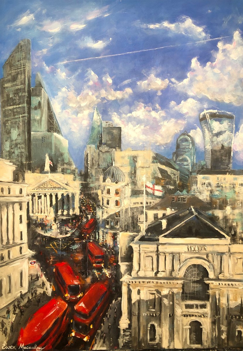Impressionistic Landscape Acrylic Painting By Ewen Macaulay, 28 X 39, View Of The Royal Exchange, London, Original Artwork