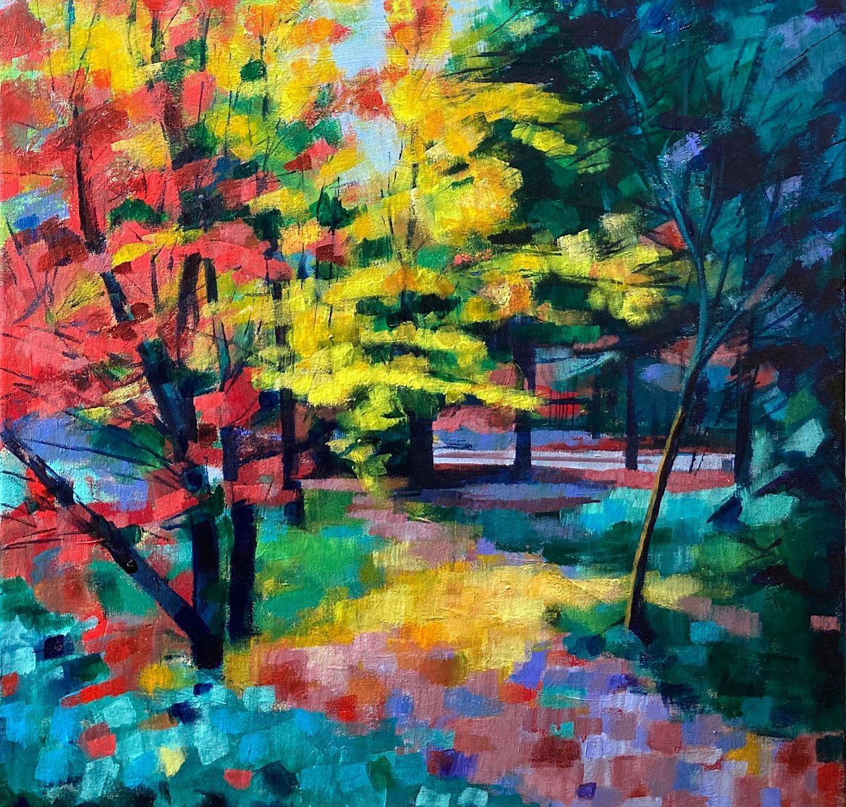 Expressive Botanical Acrylic Painting By Stuart Roper, 24 X 24", Queenswood In Autumn, Original Artwork