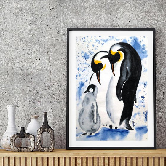 Penguin Painting Animal Original Art Wildlife Watercolor Artwork Baby Penguin Family Home Wall Art 8 by 12" by Halyna Kirichenko