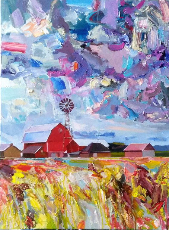 LANDSCAPE WITH WINDMILL.  RAIN CLOUDS PASSING BY.