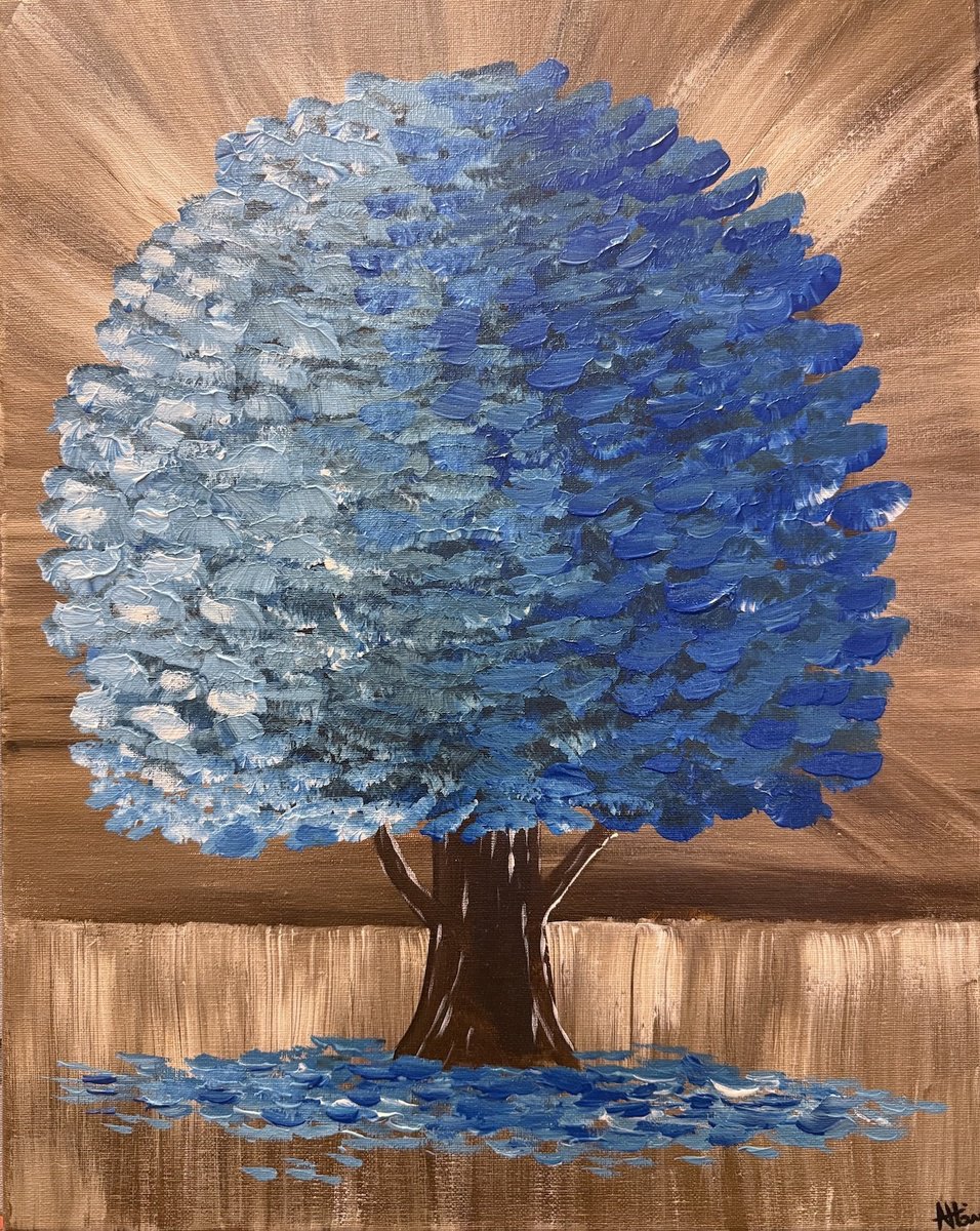 Impressionistic Botanical Acrylic Painting By Aisha Haider, 16 X 20, Blue Tree, Original Artwork