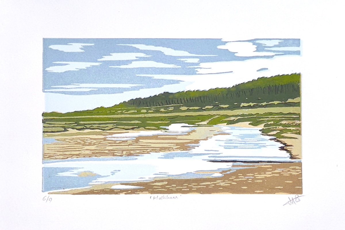 Illustrative Landscape Linocut By Jem Gooding, 6 X 4, Holkham Beach Linocut, Original Artwork