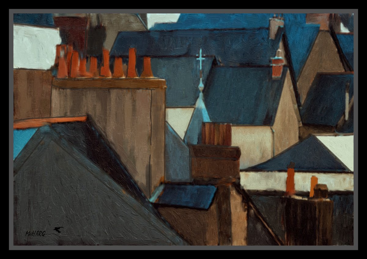 Impressionistic Cityscapes Painting By Joe Mcharg, 42 X 30, Rooftops Of Whitby, Original Artwork