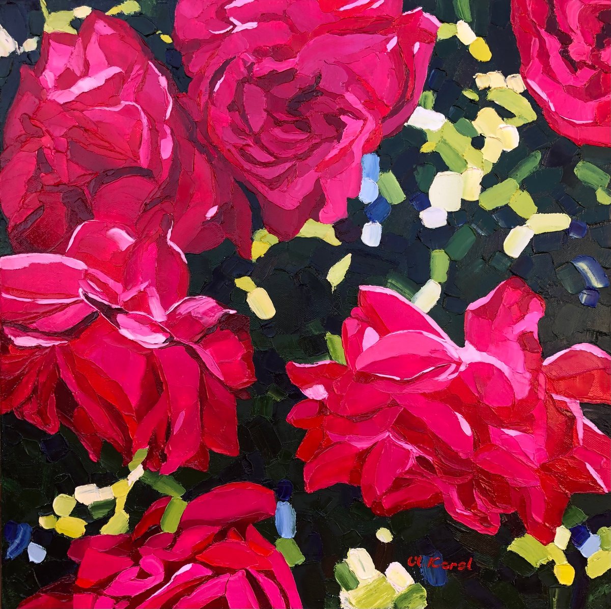 Photorealistic Botanical Oil Painting By Ulyana Korol, 20 X 20", Red Roses In The Evening, Original Artwork
