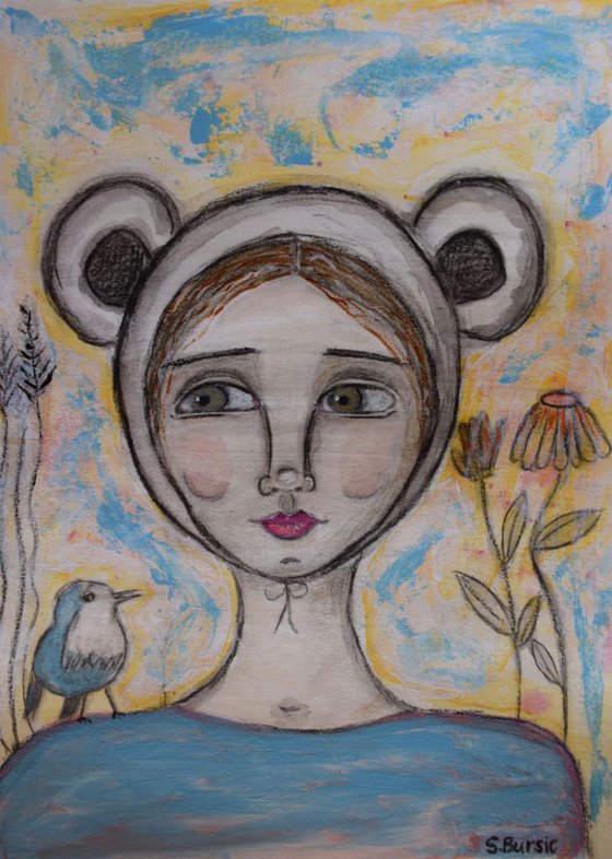 Girl with Bear Hat and bird