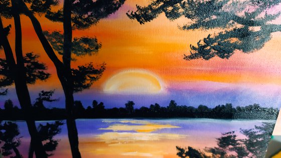 Evening tango, original sunset landscape, trees oil painting