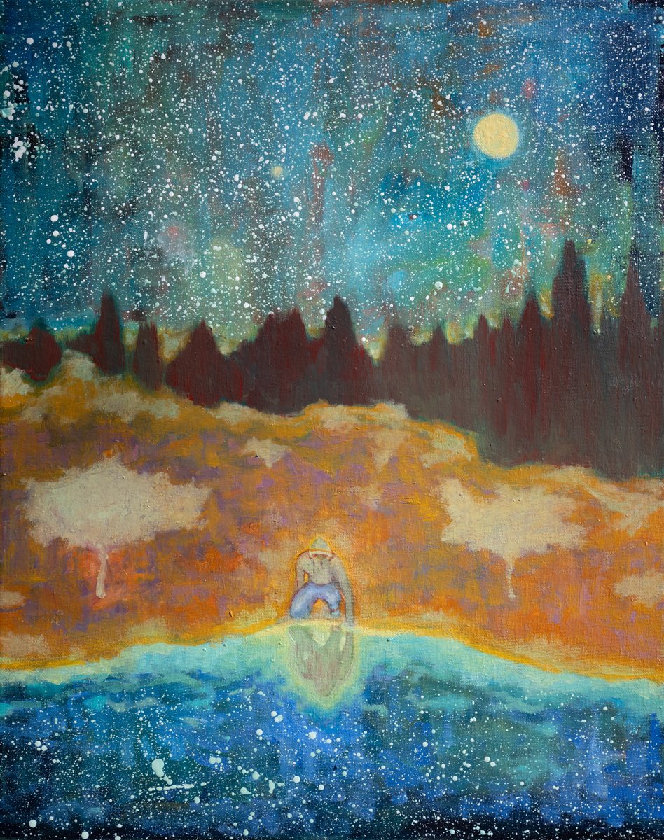 Impressionistic Landscape Oil Painting By Ron Cooper, 16 X 20", Stars, Moon, Reflection, Original Artwork